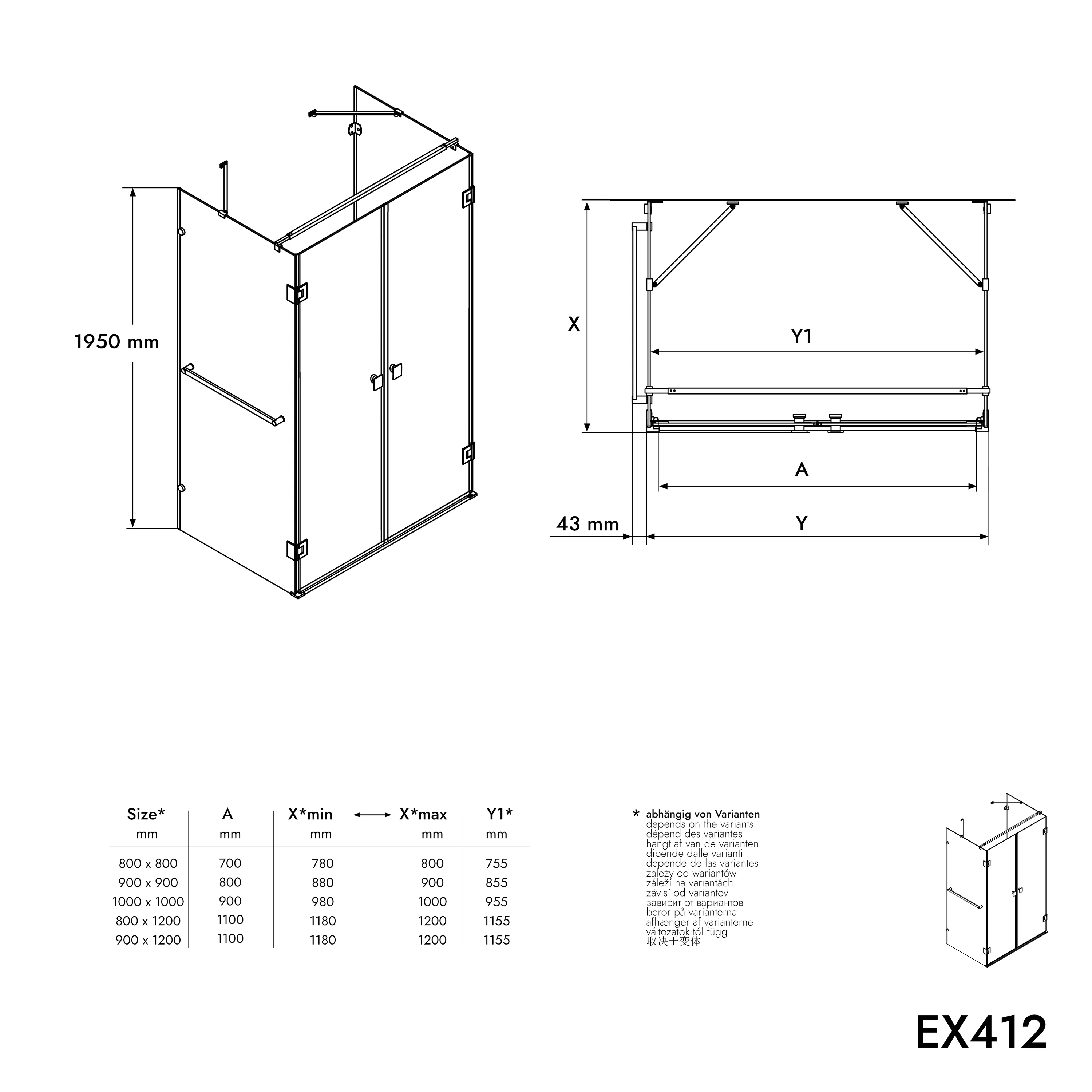Duschkabin U-form EX412 inkl. duschkar Duschkar - 8 mm - Nano äkta glas - 120 x 90 x 195 cm - Handdukshängare - Image 10