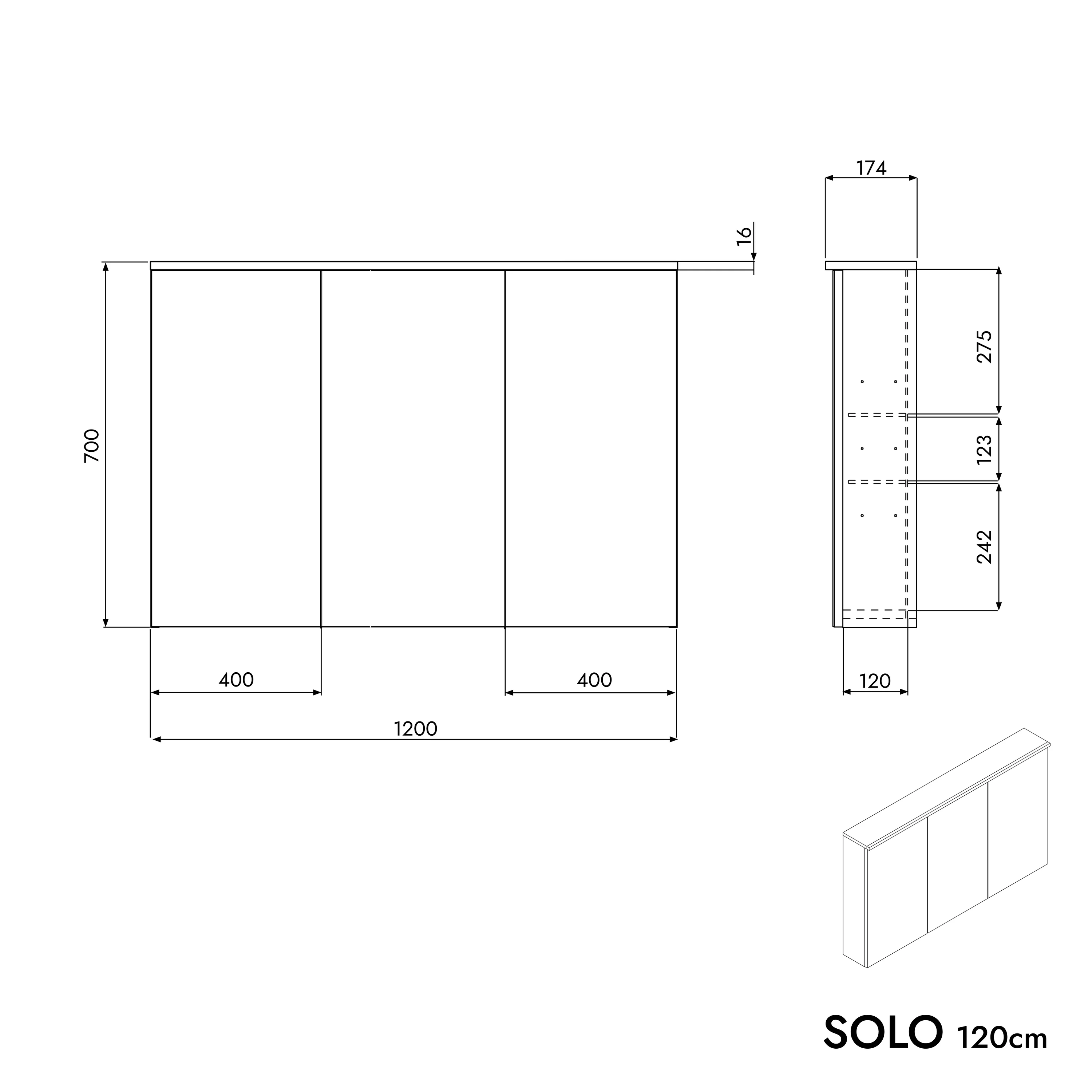 SOLO spegelskåp med LED-belysning - 120 cm - 3 dörrar - färg valbar - Image 16