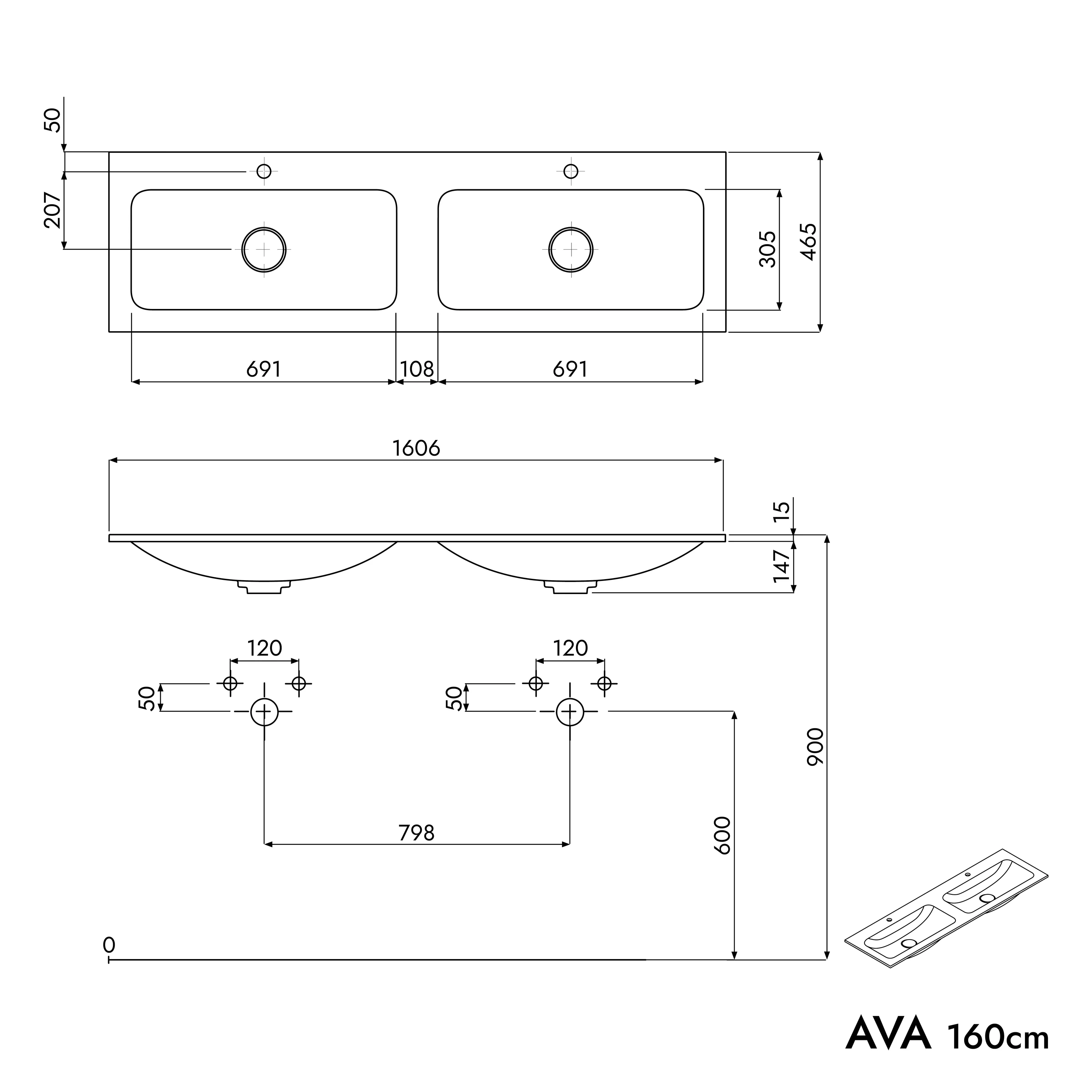 Tvättställsskåp AVA 160 cm med mineralgjutet tvättställ CREAM - Image 49