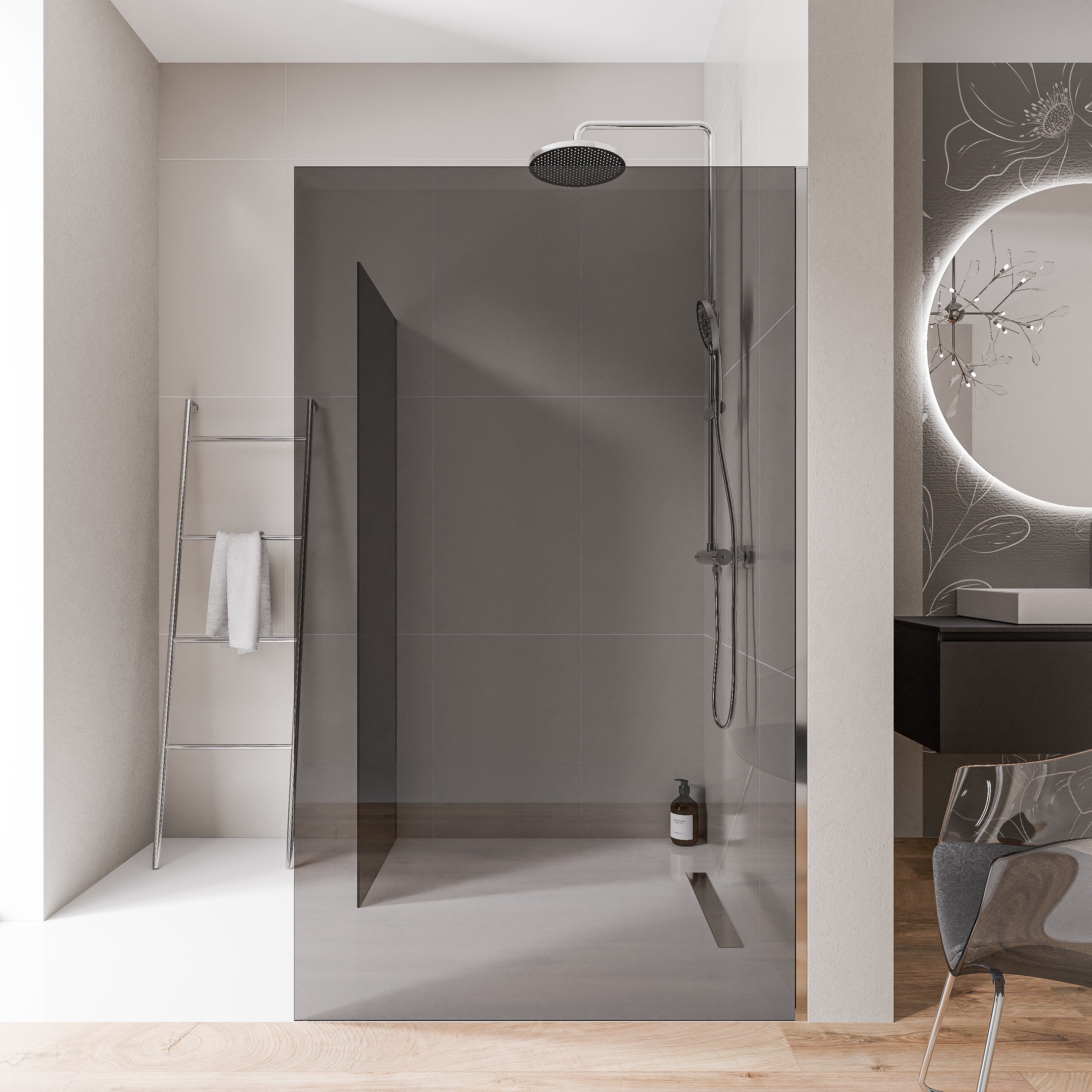 Walk-in Duschvägg 10mm nanogrått glas EX102 - 2 glasväggar rostfri stålprofil krom - bredd valbar