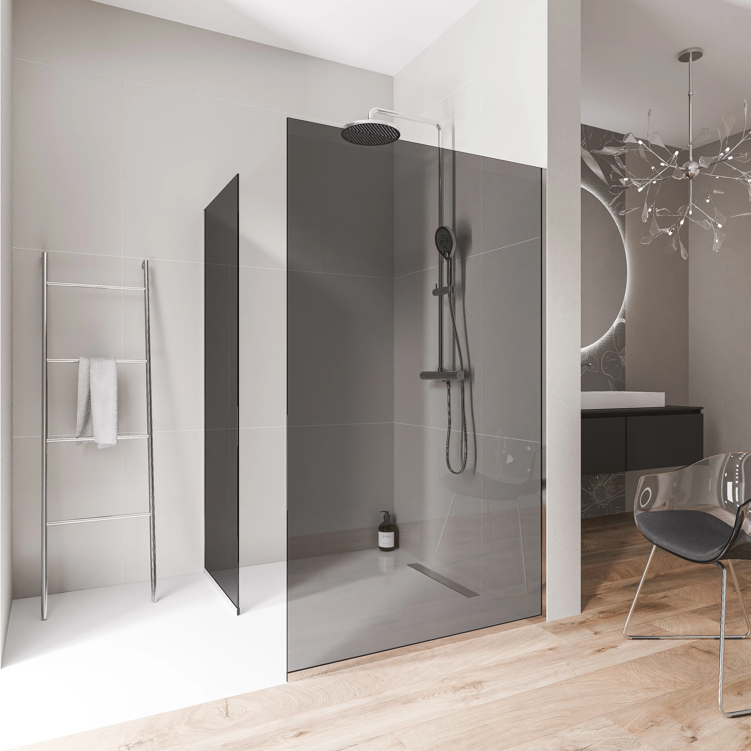 Walk-in Duschvägg 10mm nanogrått glas EX102 - 2 glasväggar rostfri stålprofil krom - bredd valbar - Image 4