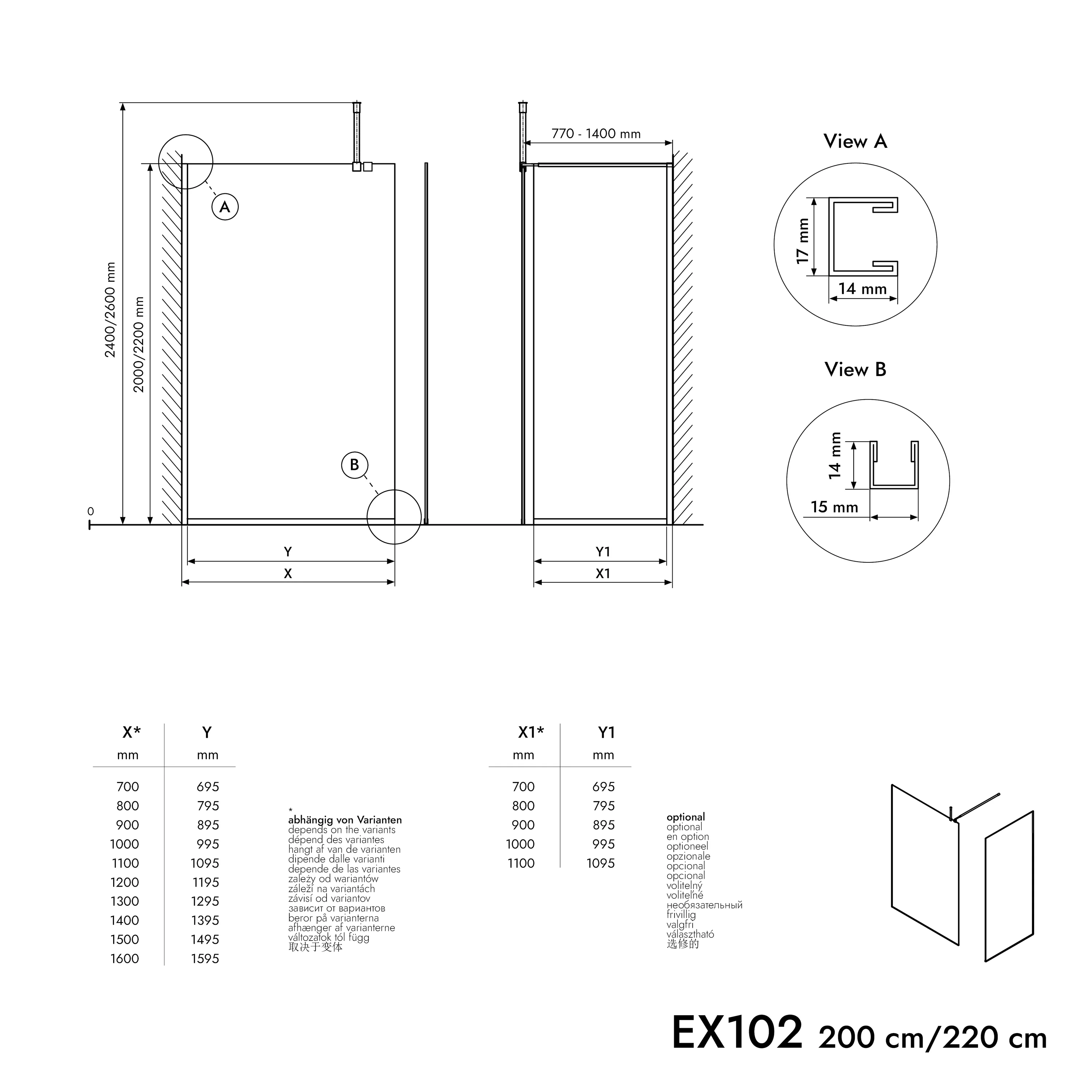 Walk-in Duschvägg 10mm nanogrått glas EX102 - 2 glasväggar rostfri stålprofil krom - bredd valbar - Image 7